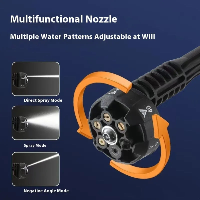 Green cordless high-pressure water gun with metal nozzle, extension rod, foam pot, and accessories on a white background.