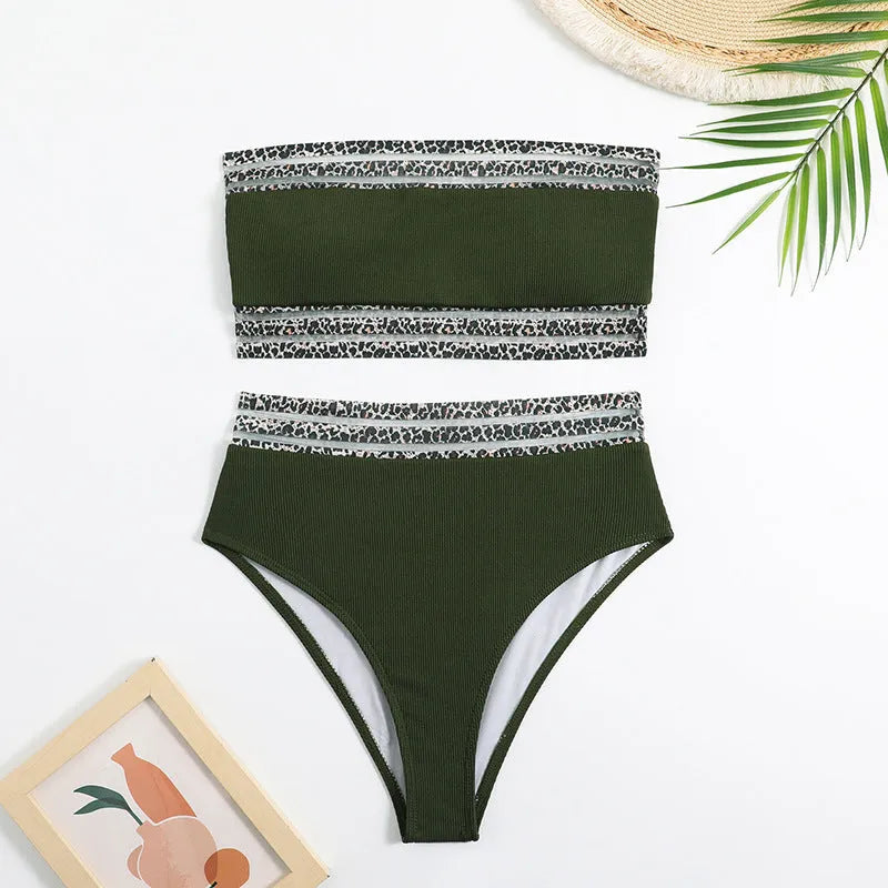 Black strapless leopard print bikini set with briefs on hanger