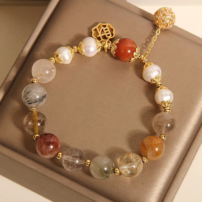 Women's adjustable crystal pearl bracelet with colourful beads and Chinese character charm