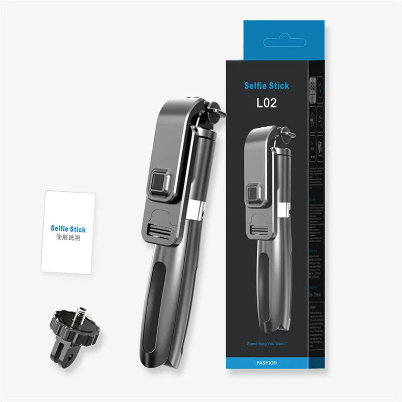 Bluetooth wireless remote control selfie stick in black, folded to 190mm with tripod base