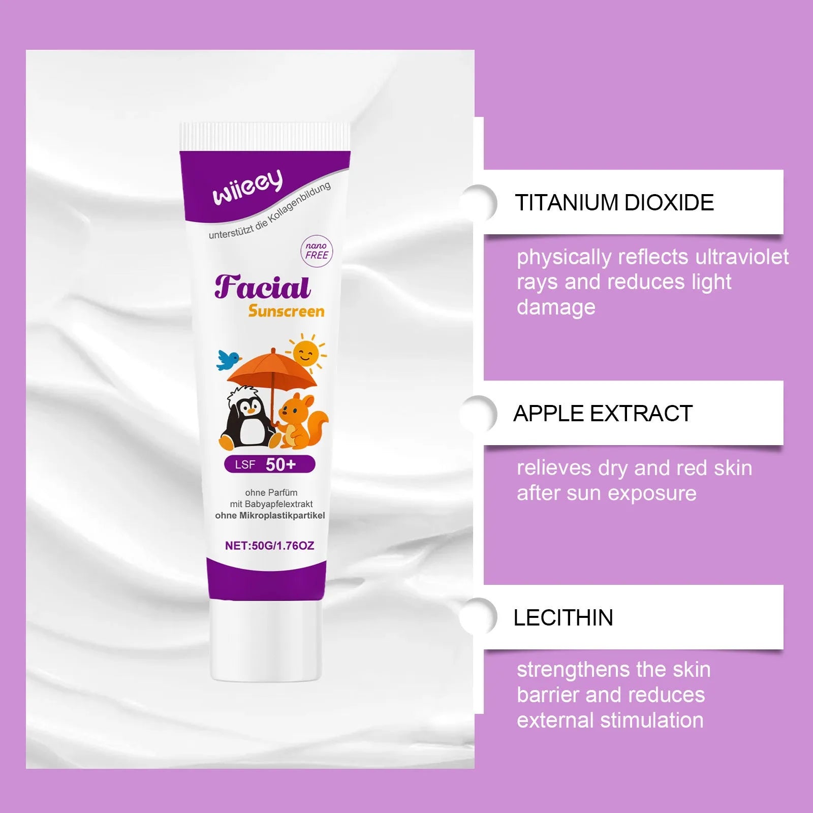 50g sunscreen cream tube for summer face and skin protection with titanium dioxide and apple extract