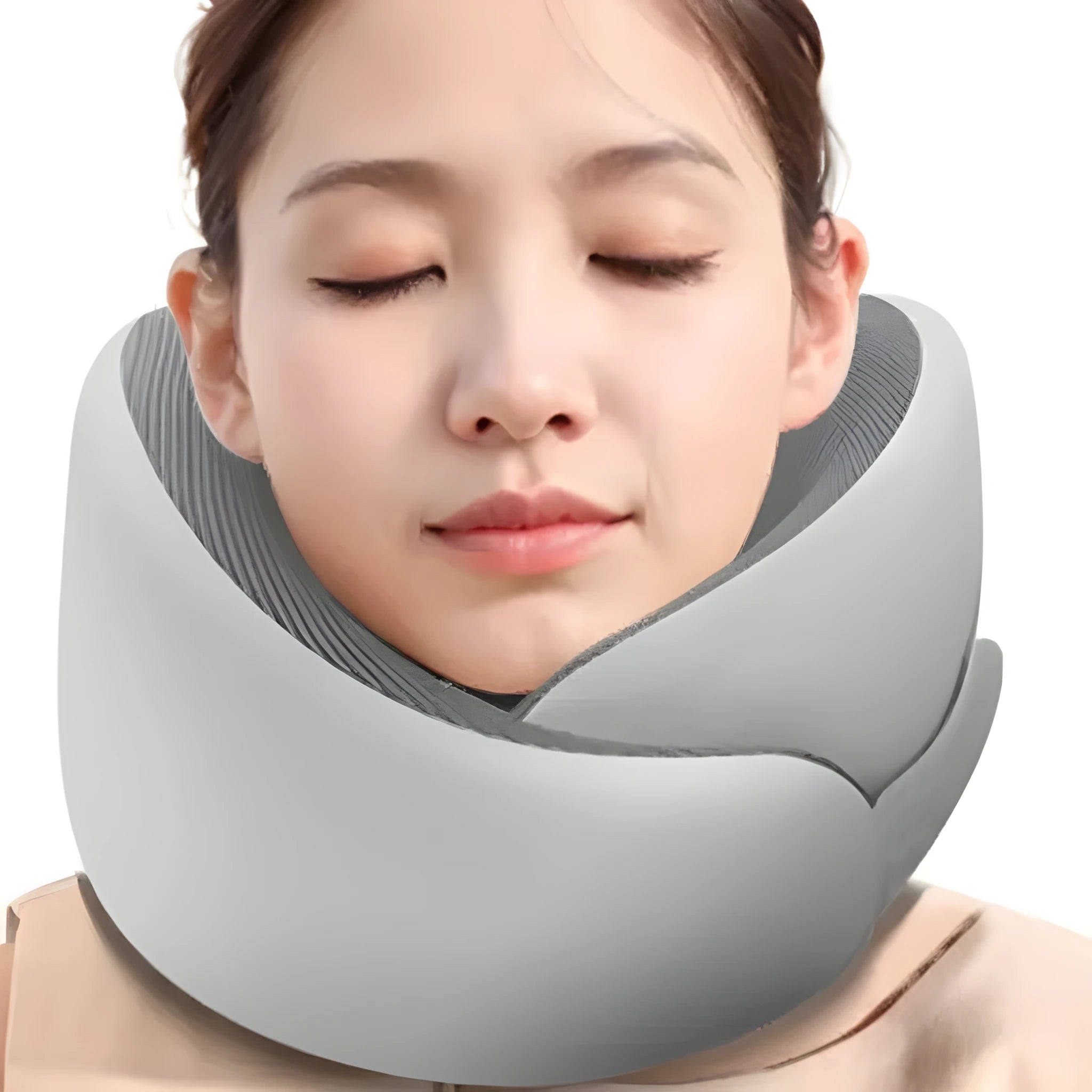 Memory foam U-shaped neck pillow with magnetic cloth neck protector in light grey, dark grey, and light pink colour options