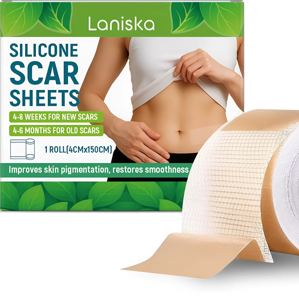 Roll of silicone scar sheet showing 4cm width with tea tree oil and aloe extract for scar management