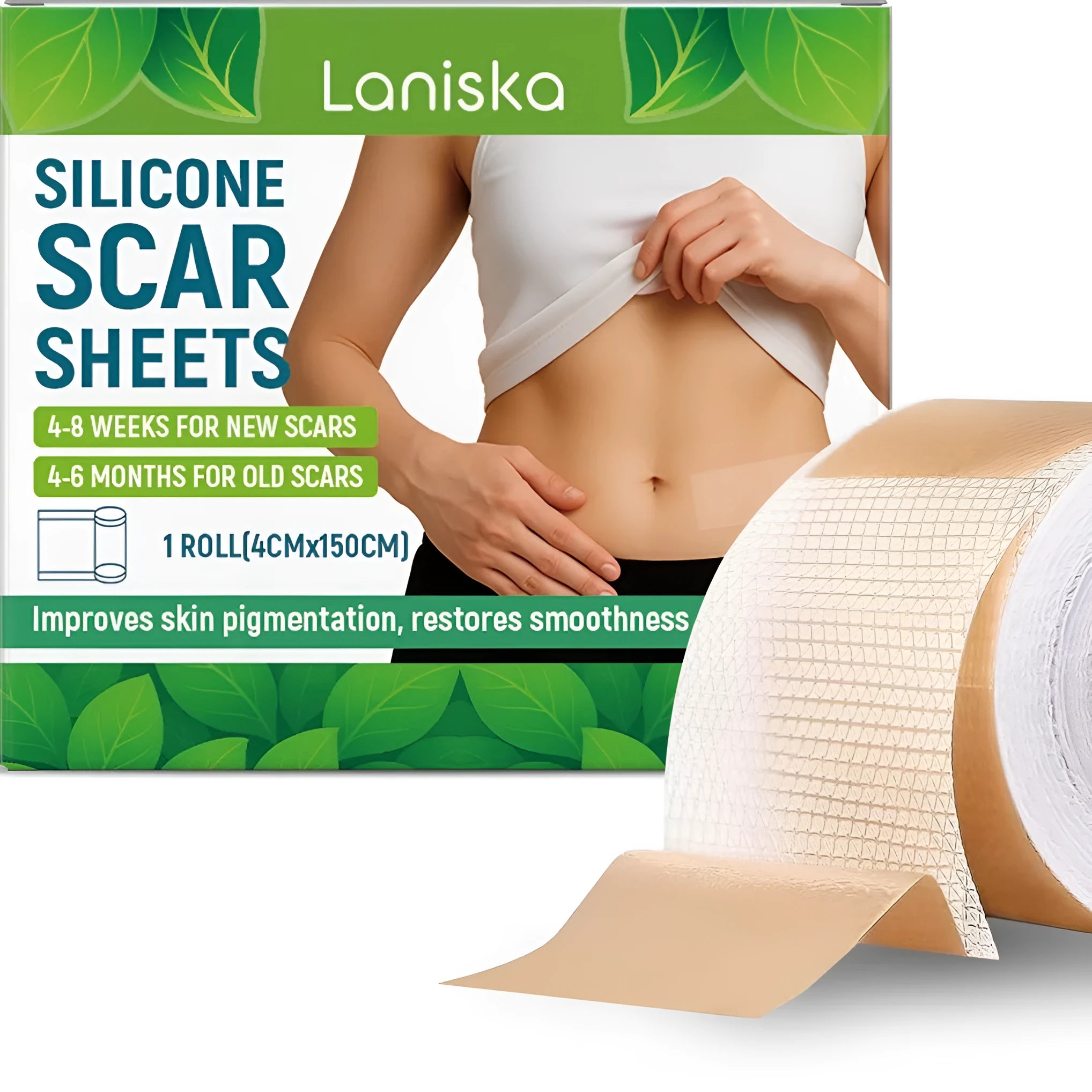 Roll of silicone scar sheet showing 4cm width with tea tree oil and aloe extract for scar management