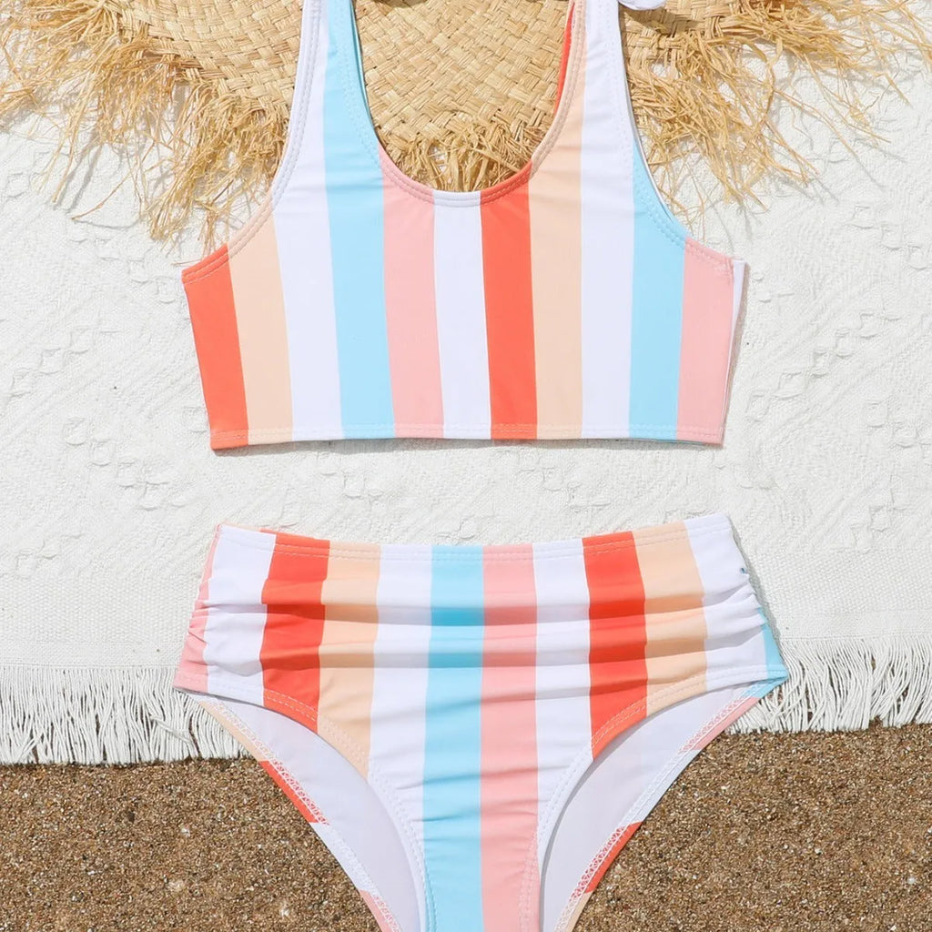 Girls' plaid print bikini brief swimsuit set for swimming, showing bra and panties