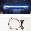 Car daytime running light strip in silicone housing, shown in white, ice blue, and red colour options.