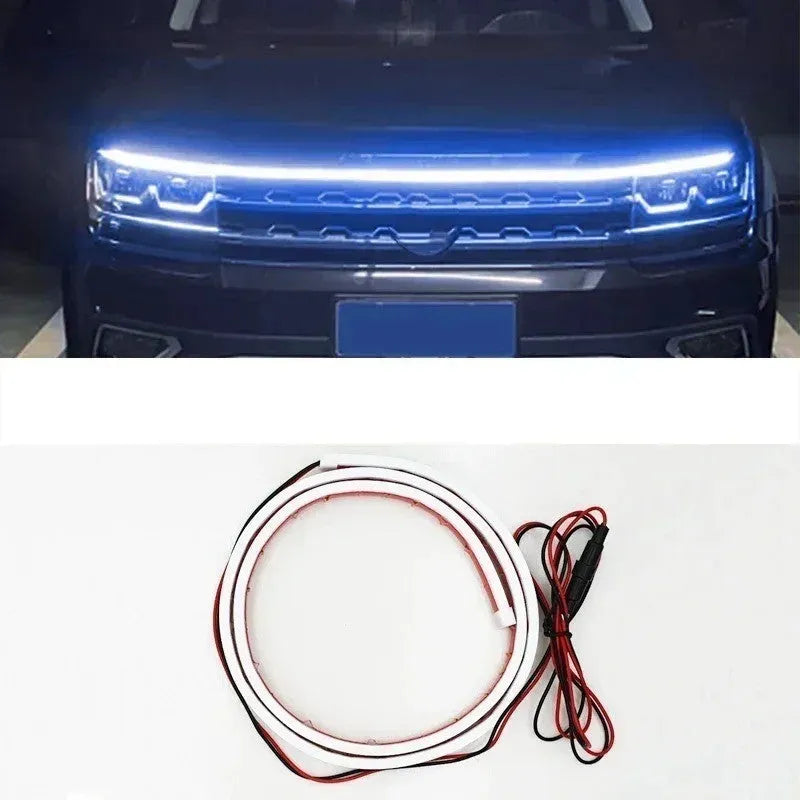 Car daytime running light strip in silicone housing, shown in white, ice blue, and red colour options.