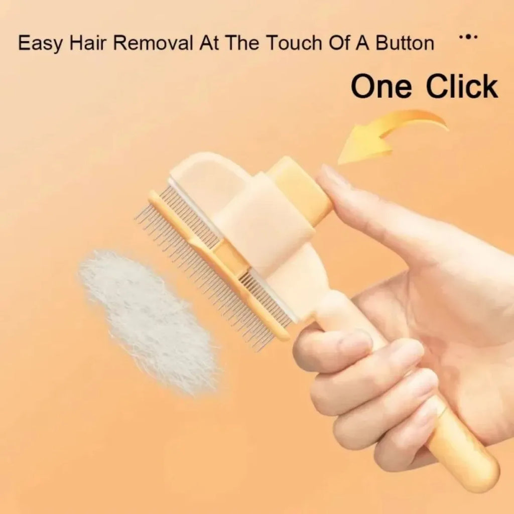Green and yellow pet grooming brush with one-click hair removal and anti-mite cleaning bristles for dogs