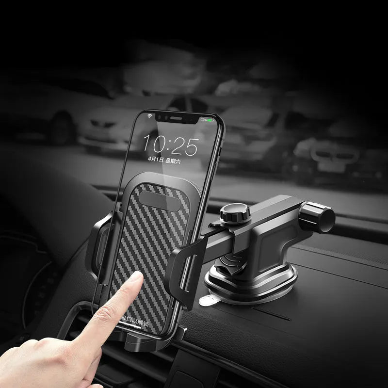 Black adjustable car phone holder for smartphones between 4 and 7 inches.