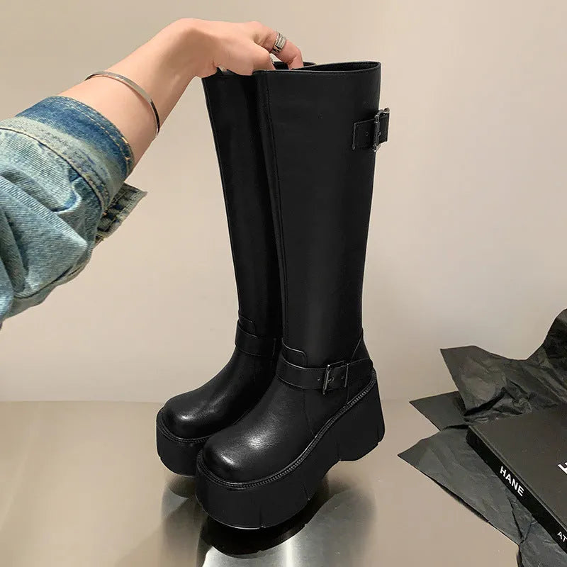Women's black tall knight boots with chunky heel, round toe, and front lace-up closure