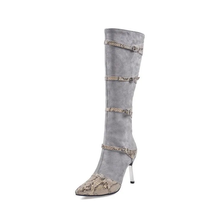 Women's grey knee-high stiletto boots with a 9cm heel and velvet lining.