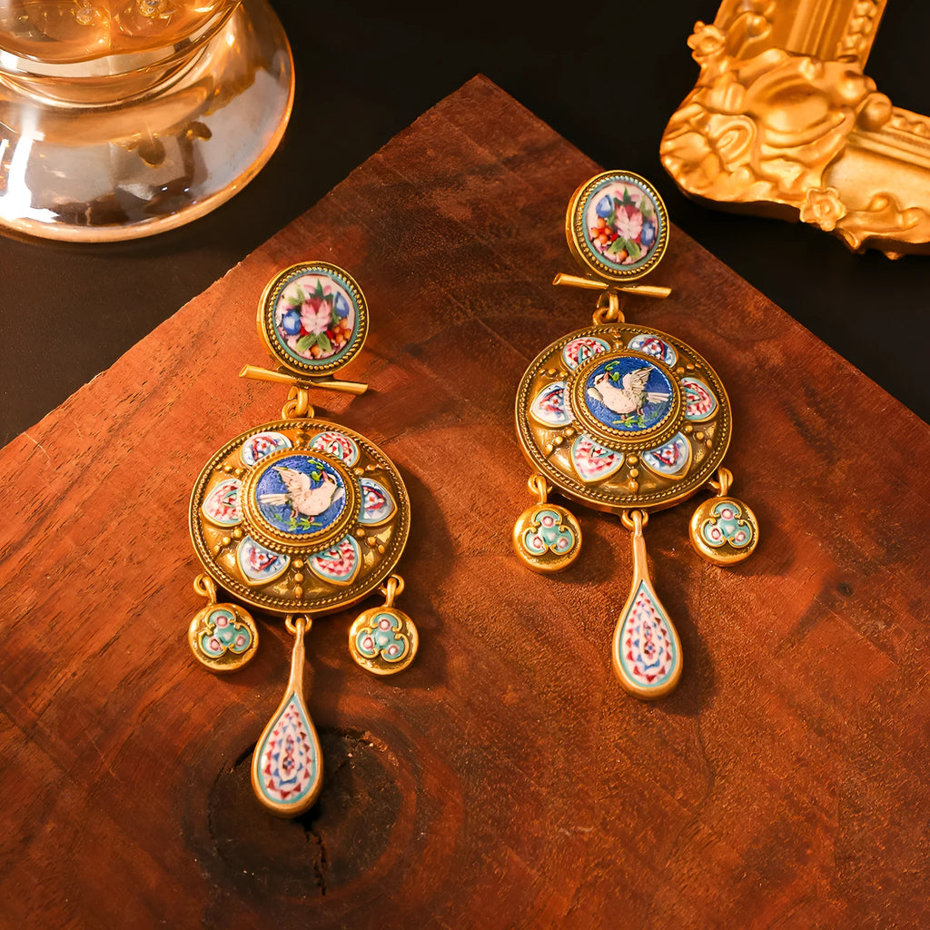 Vintage court style rattle drum ear studs with peace dove design for women