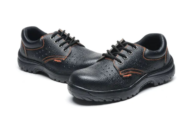 Black antiskid safety work shoes with steel toe, embossed cowhide upper, on a white background