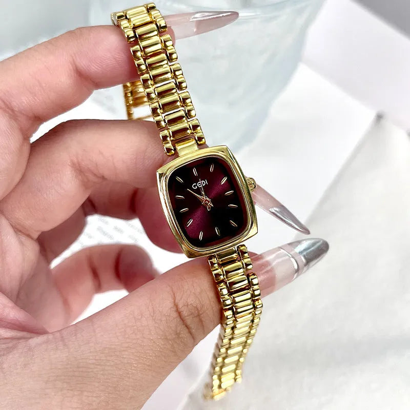 Small gold watch with 8mm alloy case gold strap and choice of gold white blue or dark brown face
