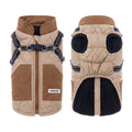 Small dog wearing a waterproof thickened polyester coat in khaki with a hood