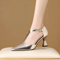 Women's genuine leather sandals with hollowed design and pointed toe in silver colour