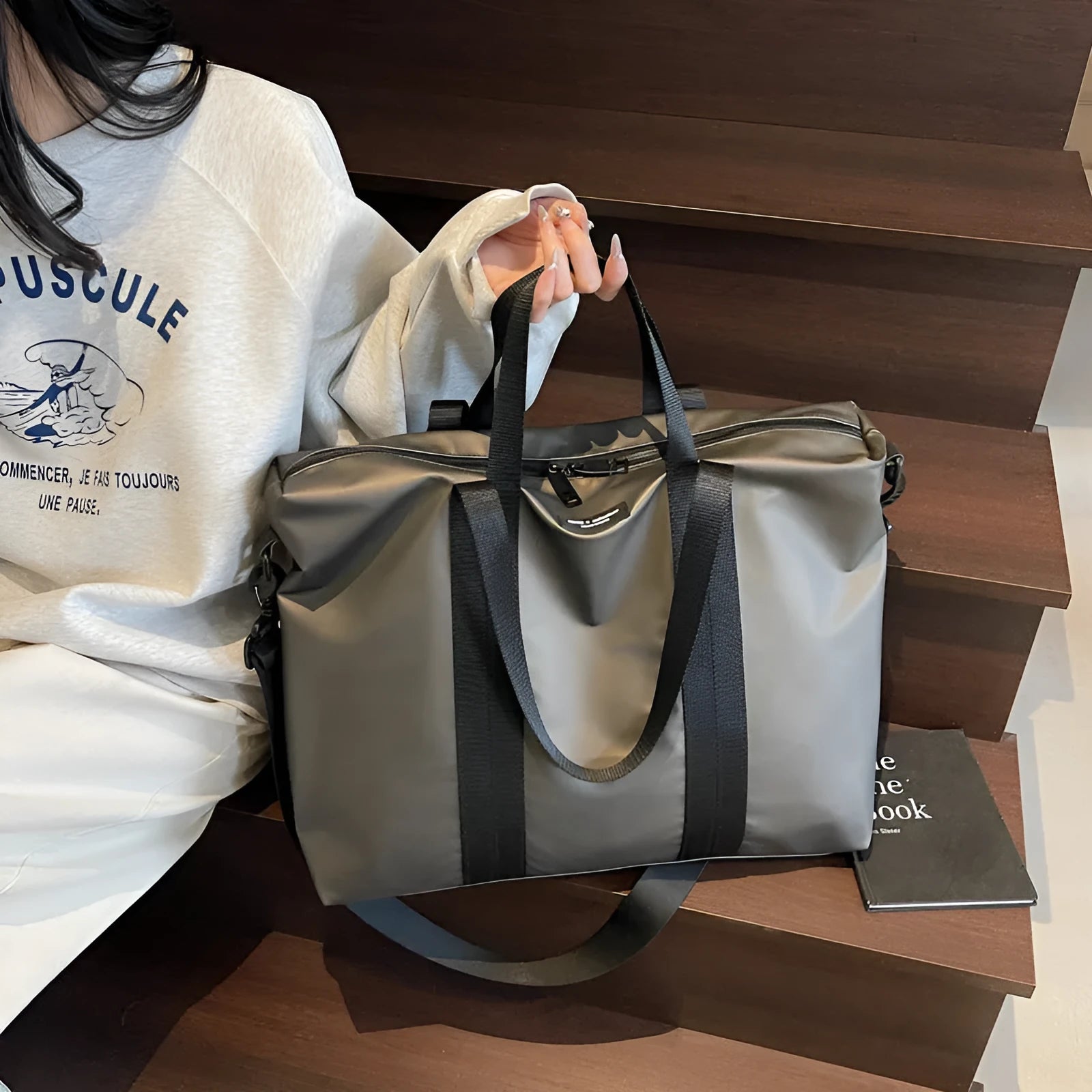 Lightweight Oxford cloth travel tote bag in black, grey, or champagne colour