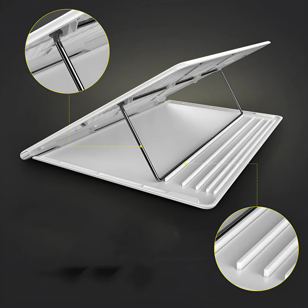 Black alloy portable notebook stand for laptops under 16 inches on a desk.
