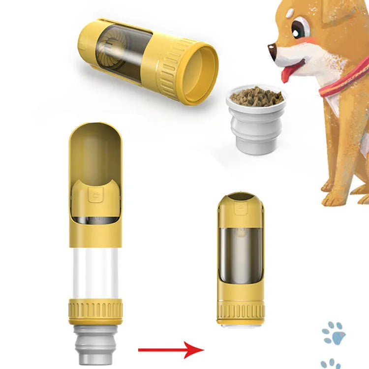 Portable dark blue dog water bottle with built-in bowl, showing one-hand operation.