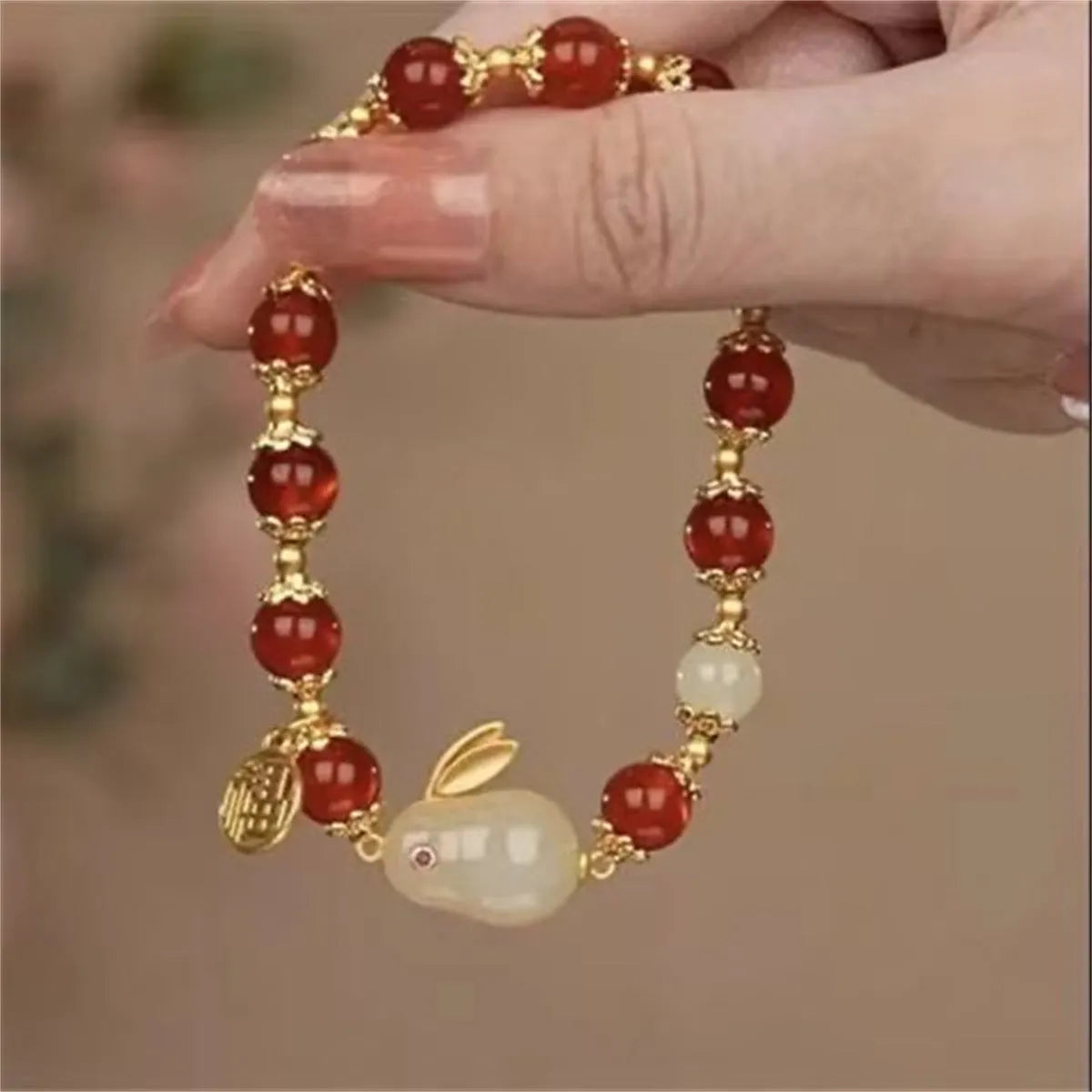 Handmade peace buckle bracelet with rabbit charm in glass and coloured glaze