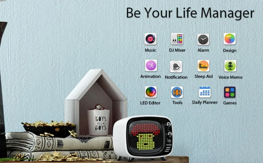 Portable Bluetooth speaker with alarm clock functions in black, blue, green, pink, red, or white colours