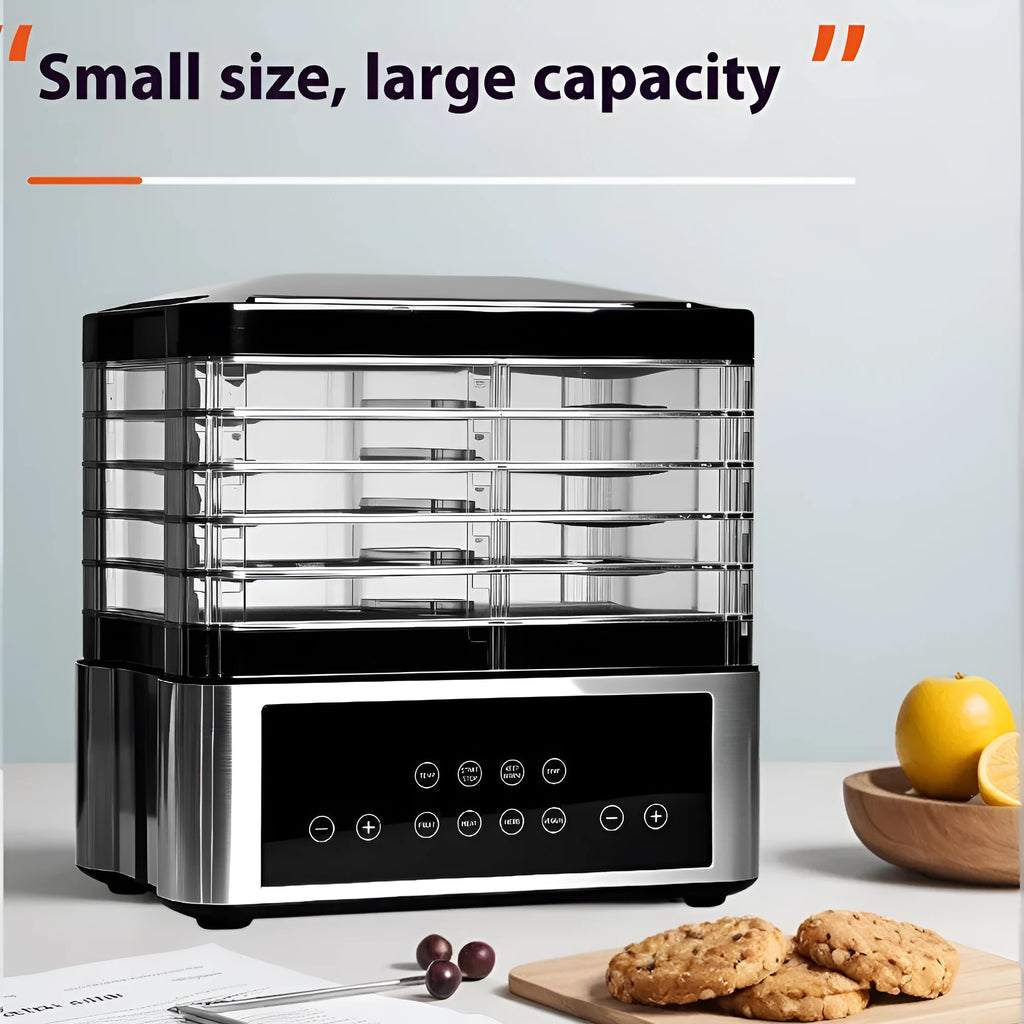 Silver stainless steel household food dehydrator with 14L capacity and digital temperature control.