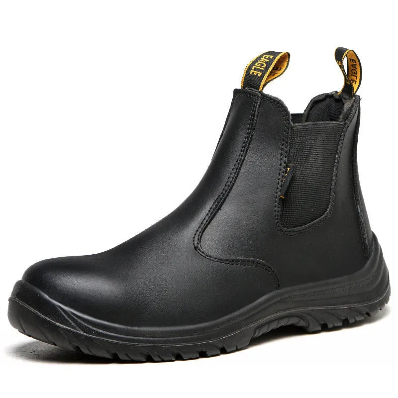 Black leather high-top safety work boots with anti-piercing soles on a white background