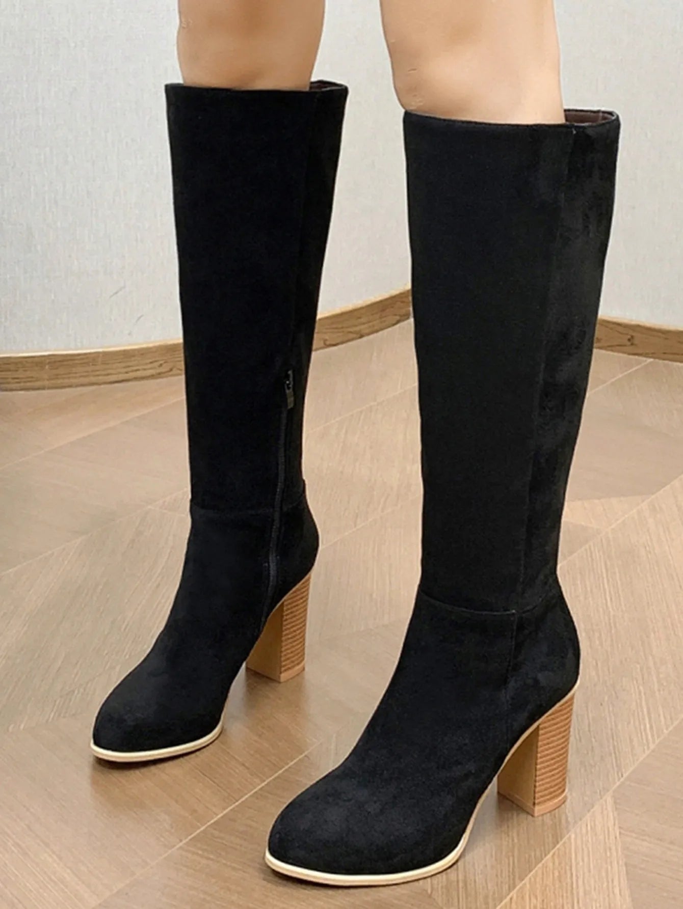 Women's black square toe high heel boots with block heel in artificial PU leather