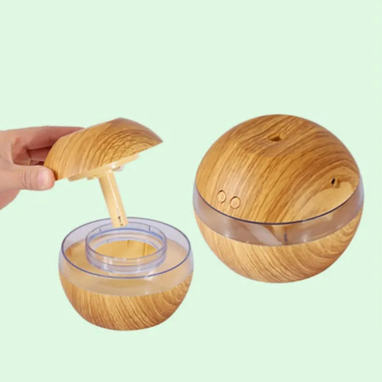 Brown wood grain desktop humidifier with USB cable, 200ml water tank, and compact 90x80x50mm dimensions