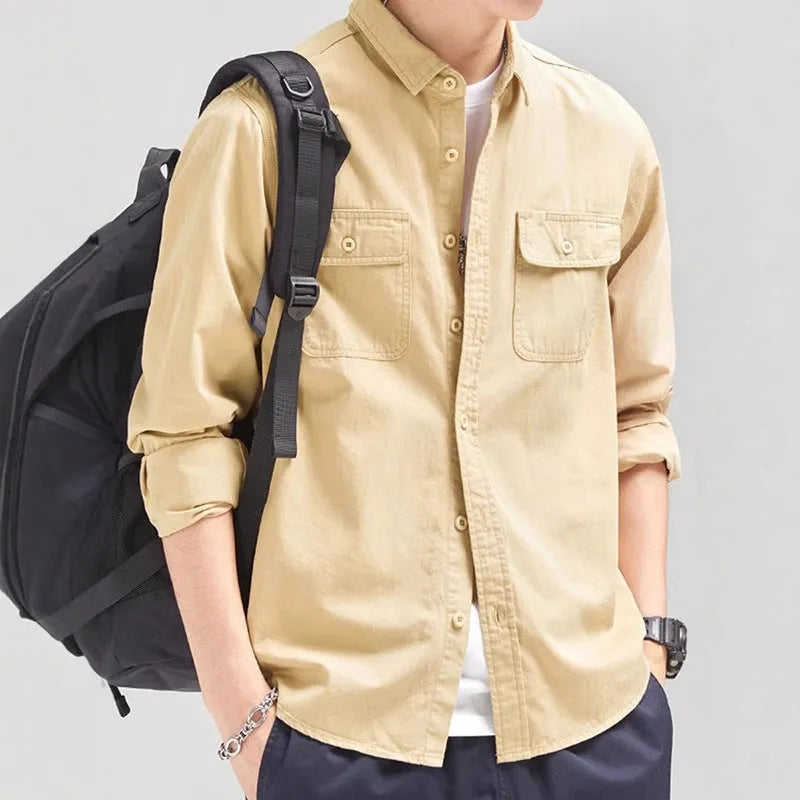 Men's loose fit long sleeve overalls shirt in polyester fabric with cardigan style front
