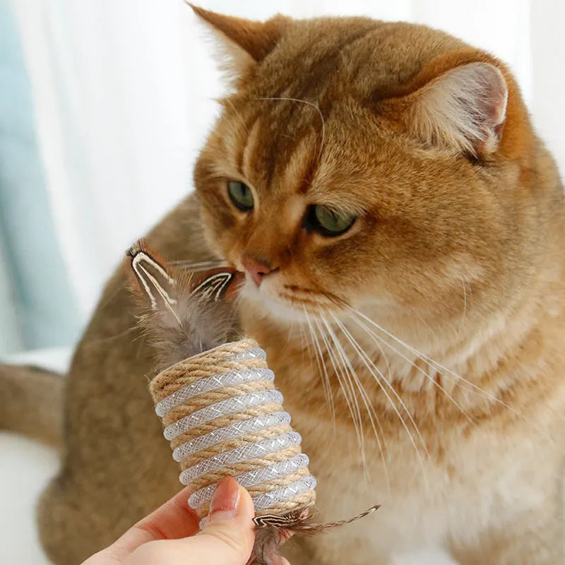 Beige cat toy with hemp rope scratching area, sound-making roller ball, and feather attachments.
