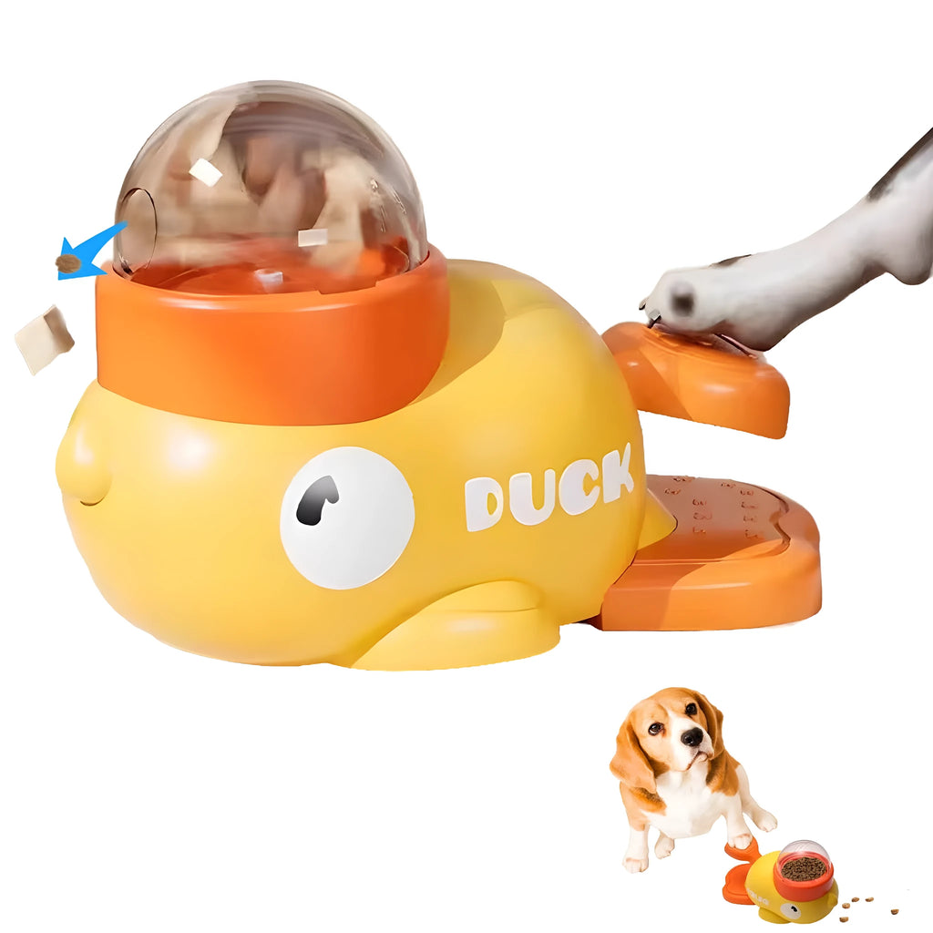 Yellow duck-shaped dog treat dispenser with rotating food container and non-slip base on floor