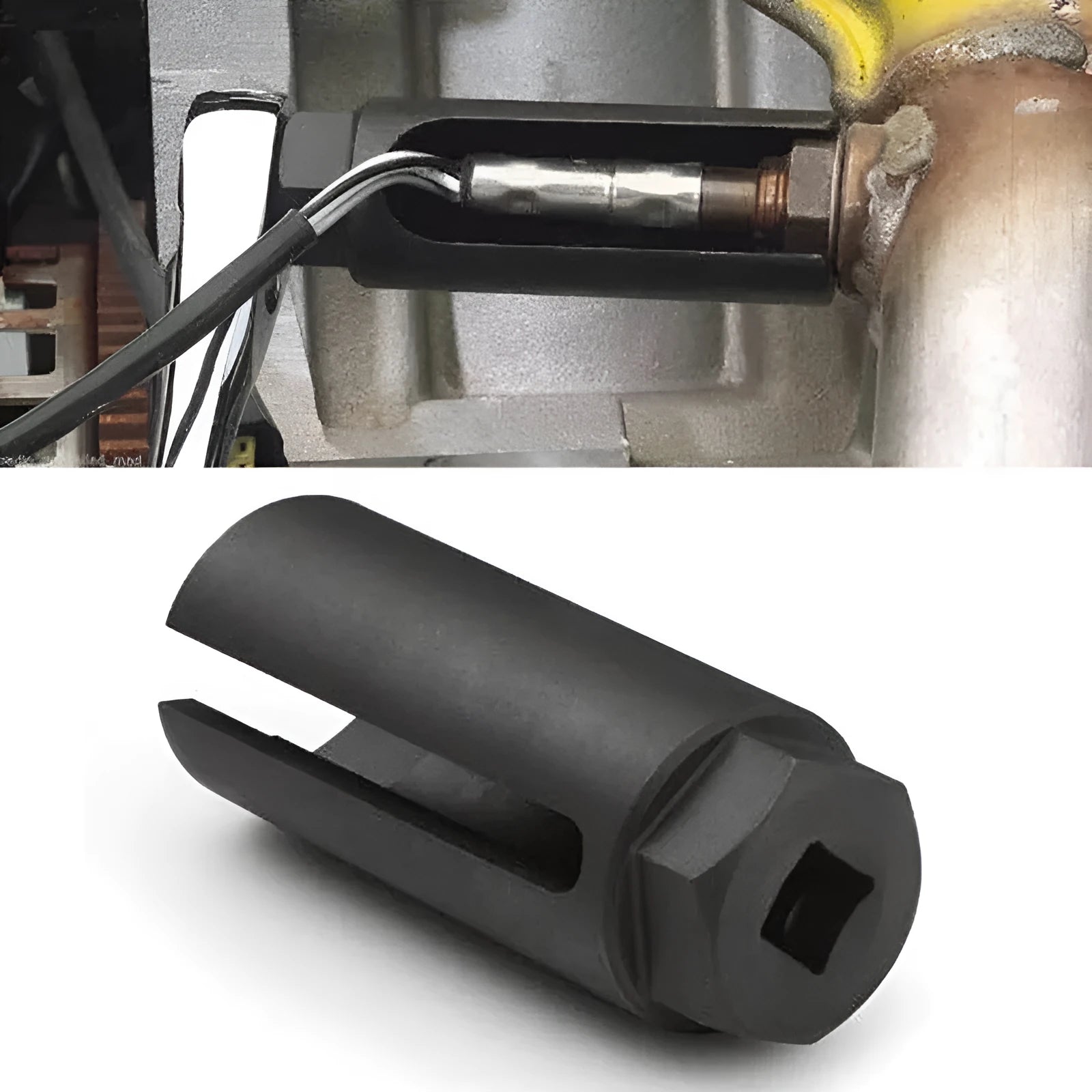 Black chromium vanadium steel oxygen sensor sleeve tool for 22mm fittings.