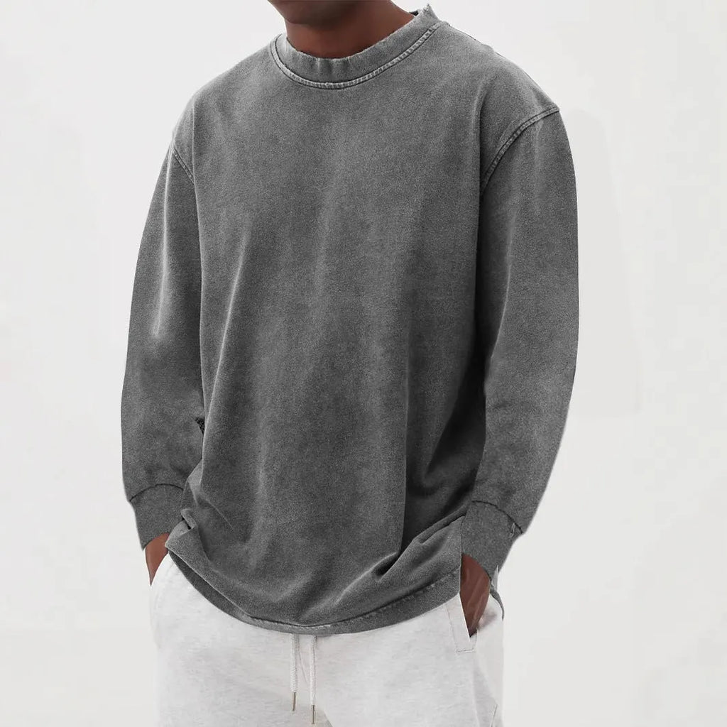 Men's long-sleeved t-shirt washed old solid colour slim fit polyester pullover in sky blue