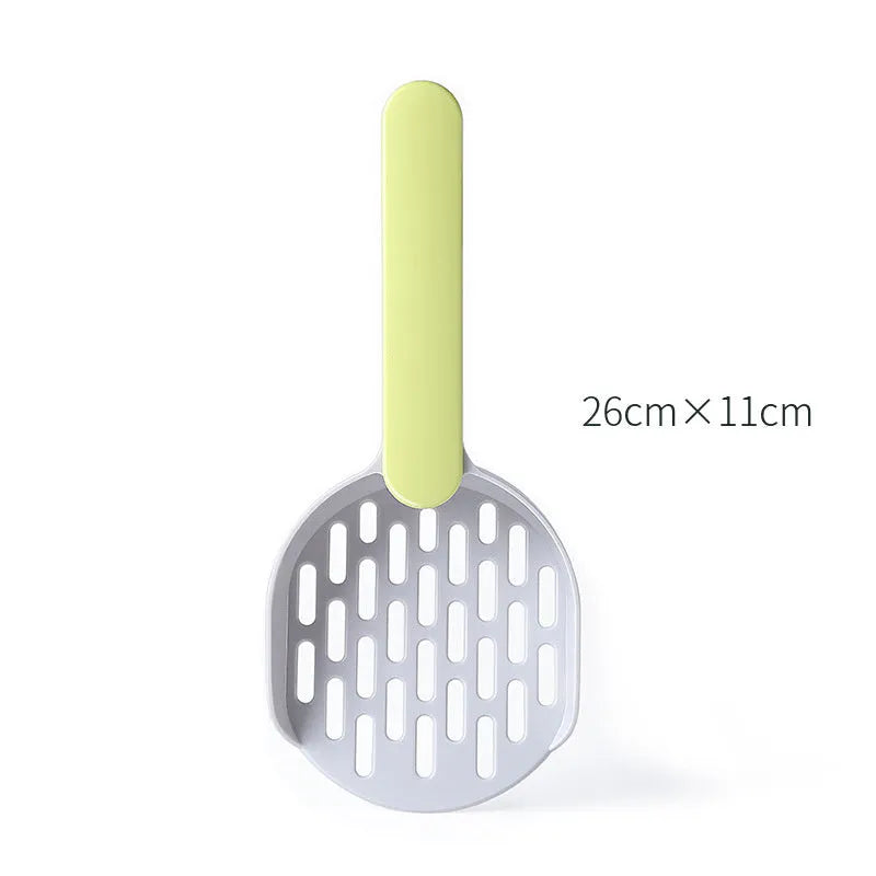 Blue plastic cat litter scoop for cleaning pet litter boxes.