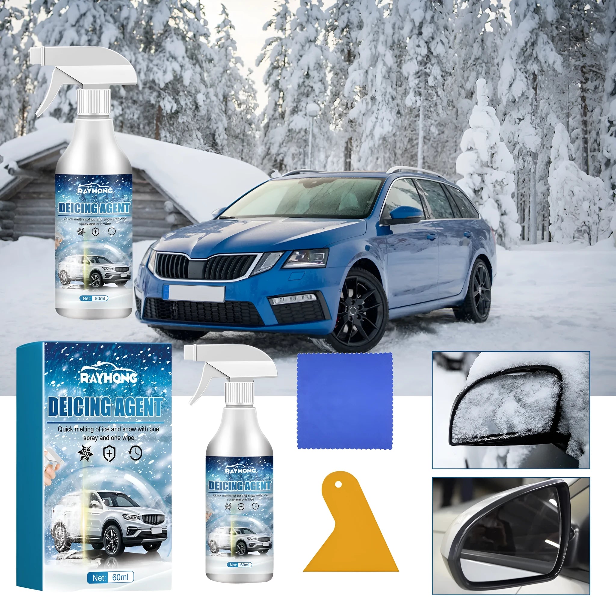 60ml winter car glass ice melting spray bottle and cloth scraper tool for de-icing windscreens.