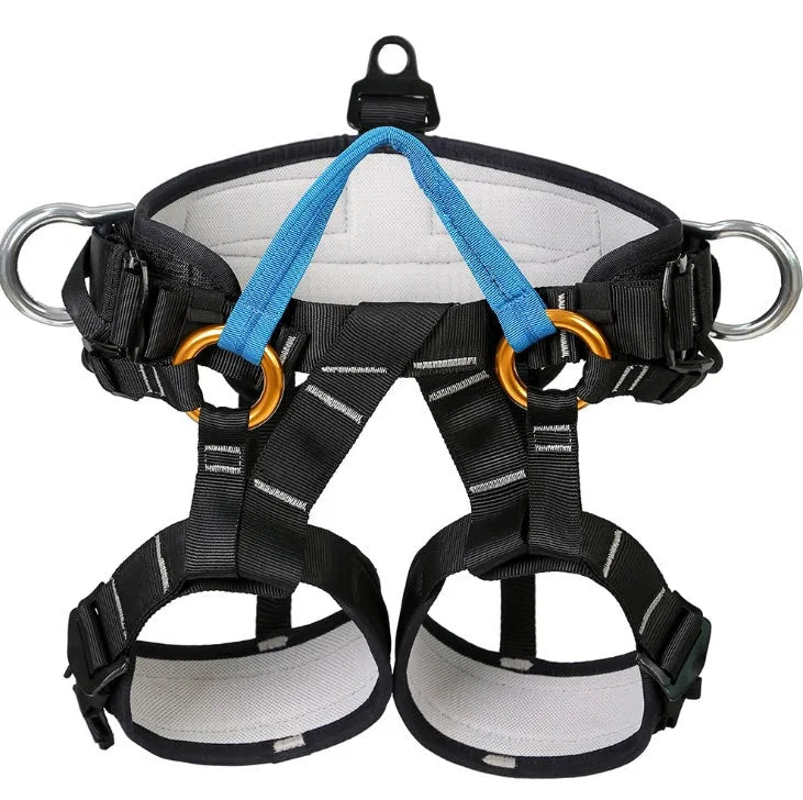 Black polyester half body seat belt with adjustable waist and thigh straps for climbing and rescue