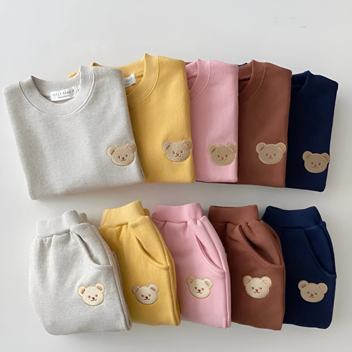 Children's cotton bear round neck sweater and pants two-piece set in yellow, dark blue, brown, pink and light grey