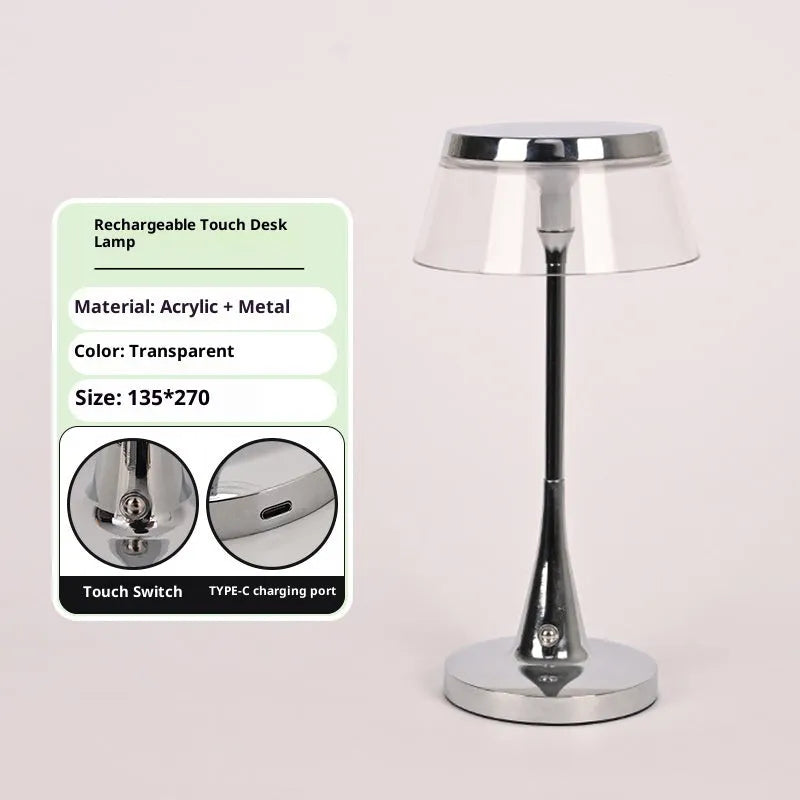 Light luxury rechargeable table lamp with transparent aluminium acrylic shade, touch dimming control, 2W LED