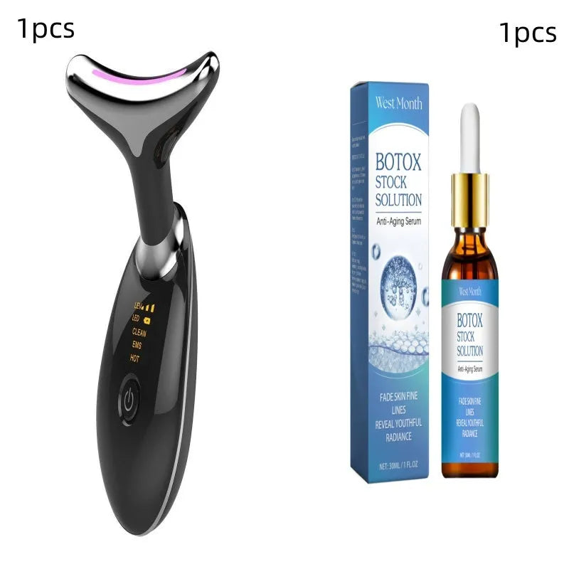 White EMS thermal neck lifting massager with LED lights, shown with USB cable and moisturiser.