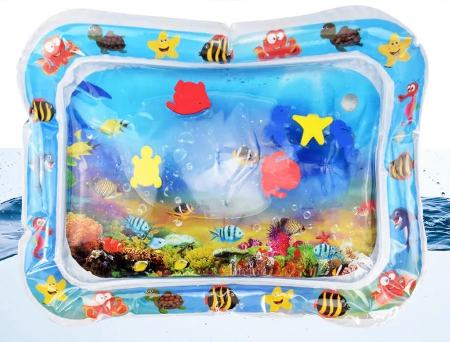 Baby inflatable water mat with 66x50cm PVC water cushion, two air rings, and foldable floor play design