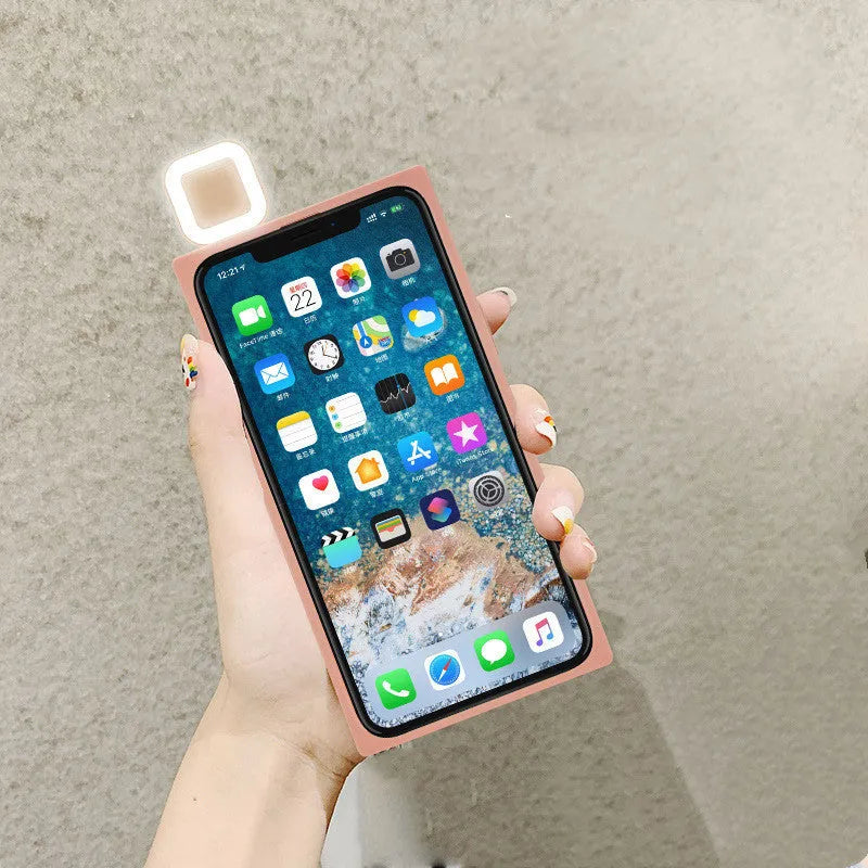 iPhone 13 phone case with built-in ring flash light for selfie photography in pink colour