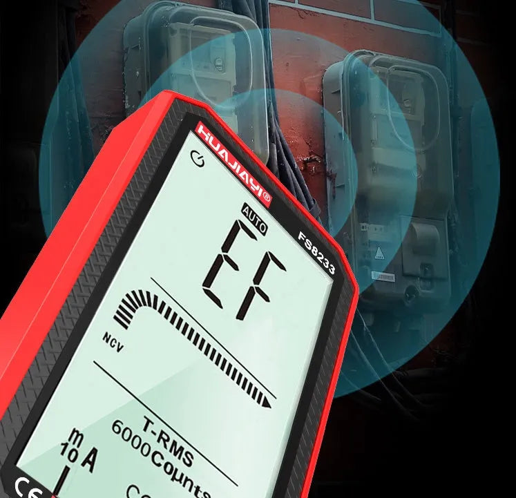 Black and red fully automatic digital multimeter with large screen display showing measurement readings