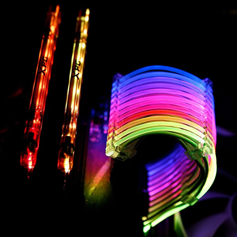 25 cm computer case cable extension with transparent silver-plated wire, light row, and RGB support for PC builds.