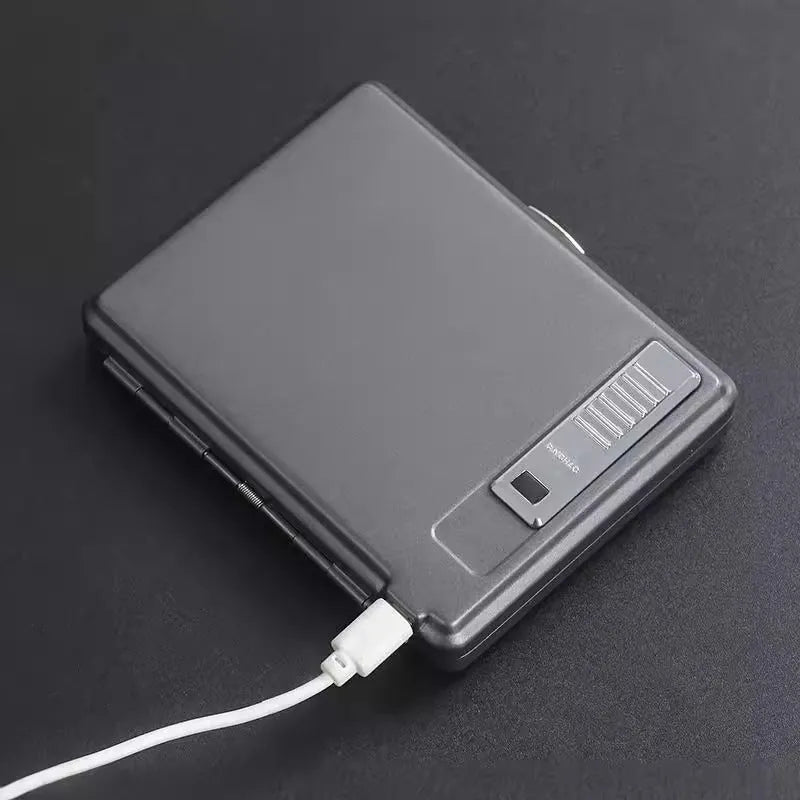 Classic flip charging cigarette case and lighter in metal, available in black gold and gray