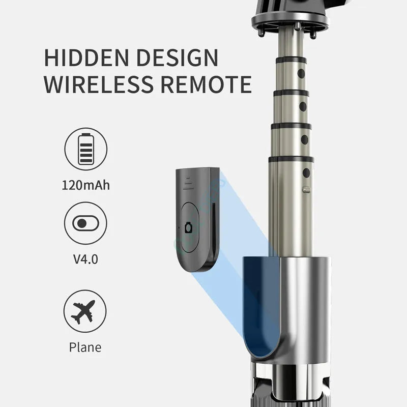 Black aluminium tripod selfie stick for iPhone extended to its full length.
