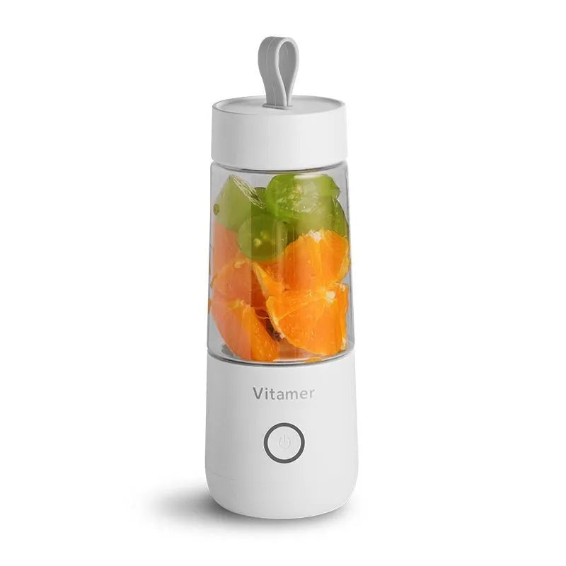 White USB rechargeable portable blender bottle with silicone carry ring, 350ml capacity.