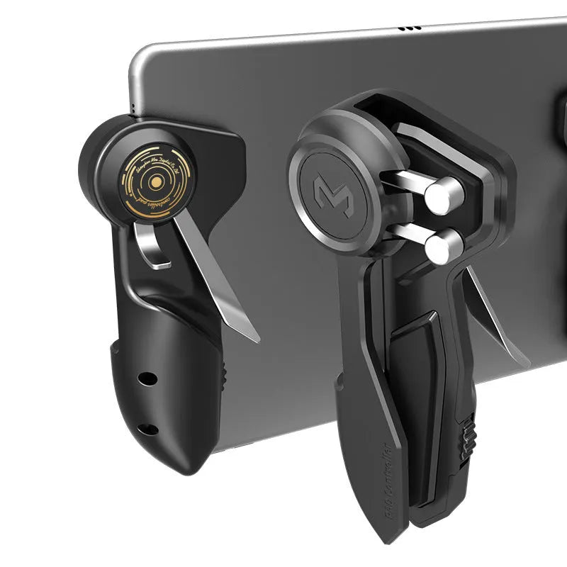 Black six-finger PUBG mobile gaming controller for iPad and smartphones with adjustable triggers