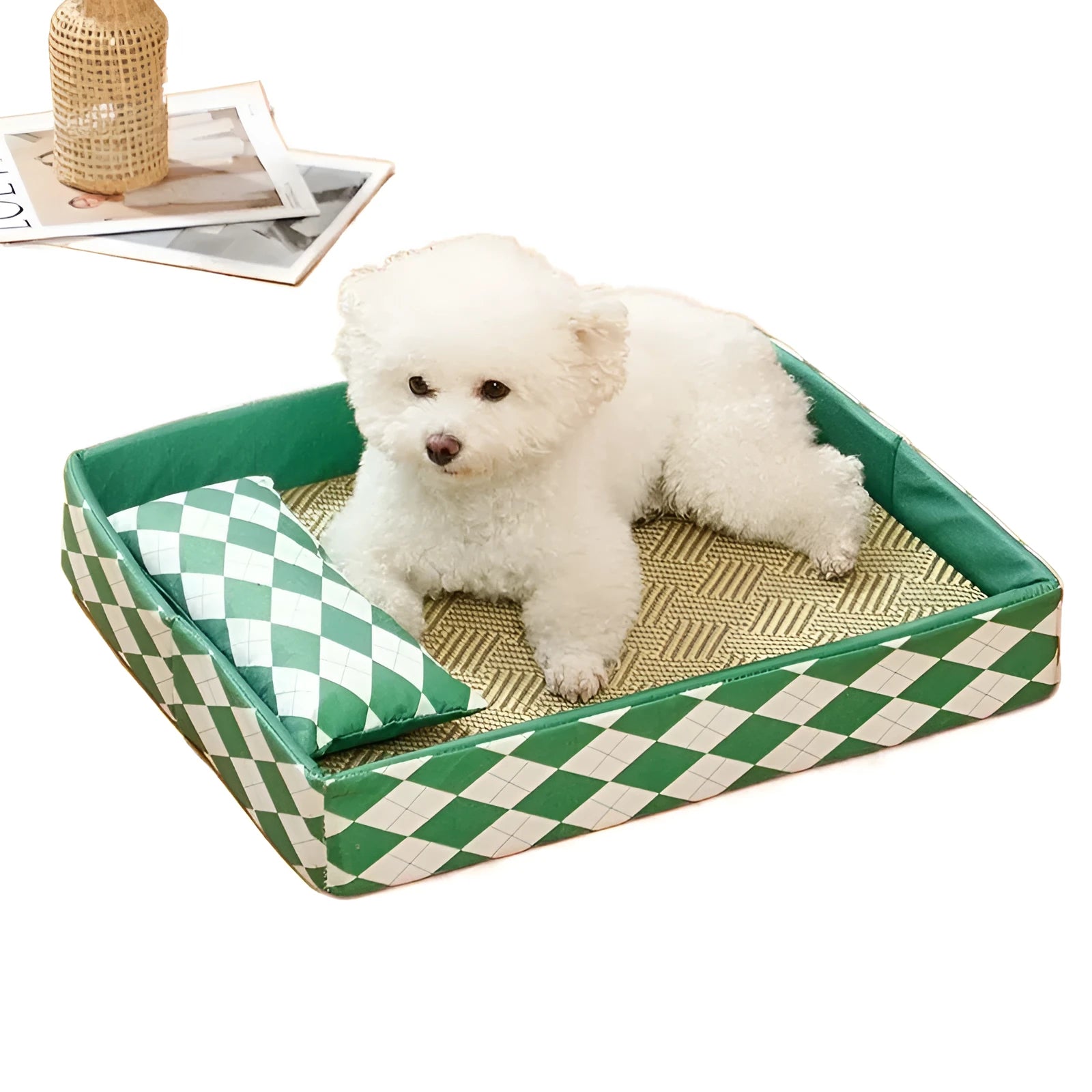 Blue rattan cat bed with attached washable fabric pad, shown in a medium size.