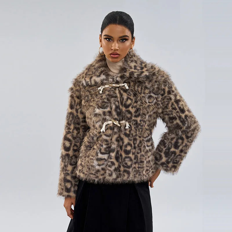 Women's leopard print fashion coat with a buckle lapel on the collar.